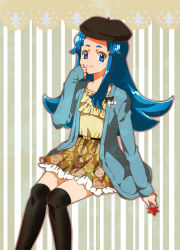 Rule 34 | 10s, 1girl, beret, black thighhighs, blue eyes, blue hair, blush, eyelashes, fashion, happinesscharge precure!, happy, hat, jacket, kagami chihiro, long hair, looking at viewer, matching hair/eyes, over-kneehighs, precure, shirayuki hime, shirt, sitting, skirt, smile, solo, thighhighs, thighs, zettai ryouiki