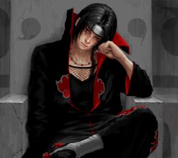 Rule 34 | 1boy, akatsuki uniform, black hair, clenched hand, commentary request, crossed legs, hand on own face, headband, looking at viewer, luke uehara, male focus, naruto (series), on chair, red eyes, revision, short hair, sitting, solo, uchiha itachi
