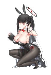 Rule 34 | 1girl, absurdres, alternate costume, animal ears, bare shoulders, black footwear, black hair, black leotard, blue archive, bow, bowtie, breasts, bright pupils, clipboard, detached collar, fake animal ears, fake tail, hair ornament, hairclip, halo, high heels, highres, large breasts, legs, leotard, long hair, looking at viewer, pantyhose, playboy bunny, rabbit ears, rabbit tail, red bow, red eyes, rio (blue archive), sideboob, simple background, smile, solo, squatting, strapless, strapless leotard, tail, thigh strap, urrrt, very long hair, white background, wrist cuffs