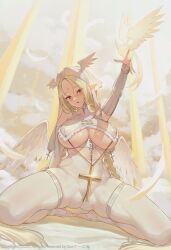 Rule 34 | 1girl, angel, angel wings, bare shoulders, bird, blonde hair, blush, braid, breast curtains, breasts, cleavage, cross, feathered wings, feathers, gloves, halo, highres, jewelry, large breasts, long hair, looking at viewer, navel, nipples, open mouth, original, parted lips, pointy ears, purple eyes, red eyes, revealing clothes, sitting, skindentation, solo, spread legs, suerte, thighhighs, thighs, underboob, very long hair, white wings, wings