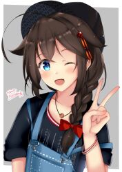 Rule 34 | 1girl, ahoge, alternate costume, artist name, blue eyes, blue overalls, border, bow, bracelet, braid, breasts, brown hair, commission, grey background, hair between eyes, hair ornament, himura moritaka, jewelry, kantai collection, looking at viewer, necklace, one eye closed, open mouth, overalls, red bow, shigure (kancolle), shigure kai ni (kancolle), short sleeves, side braid, skeb commission, small breasts, smile, solo, upper body, v, white border