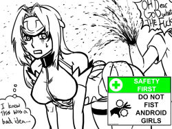 Rule 34 | 00s, 1boy, 1girl, 4chan, amputee, android, bare shoulders, bb (baalbuddy), bent over, blood, blood splatter, breasts, cyborg, drawfag, english text, fisting, forehead protector, guro, headgear, hetero, kos-mos, large breasts, long hair, meme, monochrome, profanity, public service announcement, simple background, speech bubble, thighhighs, thought bubble, white background, xenosaga