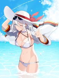 Rule 34 | 1girl, alternate costume, arm support, armpits, azur lane, baggy clothes, bikini, blue eyes, blush, breasts, cleavage, coat, collarbone, commentary request, cowboy shot, cross, cross earrings, day, earrings, eyewear on head, groin, hair between eyes, hand on headwear, hand up, hat, head tilt, jewelry, kinsenka momi, large breasts, looking at viewer, one eye closed, outdoors, scarf, short hair, sidelocks, signature, silver hair, skindentation, solo, sparkle, standing, stomach, sun hat, sunglasses, swimsuit, thighs, tirpitz (azur lane), tirpitz (snow-melting summer) (azur lane), wading, water drop, white bikini, white coat, white scarf, wind, wind lift