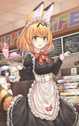 Rule 34 | 3girls, :3, alpaca suri (kemono friends), alternate costume, animal ear fluff, apron, bell, black hair, blonde hair, blush, bow, bowtie, breasts, cafe, closed eyes, cup, drinking glass, drinking straw, enmaided, facing another, fang, food, food on face, gloves, hair over one eye, highres, holding, holding tray, indoors, japari bun, japari symbol, kaban (kemono friends), kemono friends, large breasts, long sleeves, looking at viewer, lucky beast (kemono friends), maid, maid apron, maid headdress, menu board, multiple girls, neck bell, neukkom, open mouth, orange eyes, orange hair, red bow, red bowtie, serval (kemono friends), short hair, smile, tray, white apron, white gloves