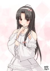 Rule 34 | alternate costume, artist name, black hair, blush, brown eyes, cowboy shot, dated, hairband, highres, kantai collection, long hair, low-tied long hair, open mouth, owa (ishtail), pink background, shouhou (kancolle)