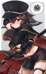 Rule 34 | 1girl, adjusting clothes, adjusting headwear, azur lane, belt, black belt, black cape, black gloves, black hat, black jacket, black shorts, blush, brown hair, cape, closed mouth, commentary request, completion time, cowboy shot, crop top, crossed bangs, embarrassed, gloves, gold trim, grey background, groin, hair between eyes, half gloves, hat, highres, holding, holding sword, holding weapon, jacket, long sleeves, looking at viewer, midriff, mole, mole under eye, navel, nose blush, oite (azur lane), peaked cap, pouch, red cape, red eyes, sakuramon, sheath, sheathed, short hair, short shorts, shorts, sidelocks, simple background, solo, spoken squiggle, squiggle, standing, sweat, sword, thigh pouch, two-tone cape, waa! okami, wavy mouth, weapon