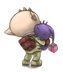 Rule 34 | 1boy, alien, backpack, badge, bag, brown hair, bud, closed eyes, commentary request, from behind, gloves, naru (wish field), nintendo, no headwear, olimar, partial commentary, pikmin (series), pointy ears, purple hair, purple pikmin, red bag, red gloves, shadow, short hair, sleeping, sleeping on person, spacesuit, very short hair, white background