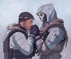 Rule 34 | 2boys, amikoroyai, bara, beanie, beard stubble, blush, bulletproof vest, call of duty, call of duty: modern warfare 2, couple, eye contact, facial hair, from side, ghost (modern warfare 2), hat, highres, holding hands, hood, hood down, hood up, kiss, kissing hand, looking at another, male focus, mask, mature male, multiple boys, mustache stubble, short hair, sideburns, skull mask, snow, soap (modern warfare 2), stubble, union jack print, upper body, warming hands, yaoi