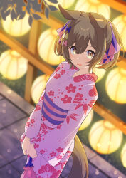 Rule 34 | 1girl, alternate costume, animal ears, bag, blurry, blurry background, blush, brown eyes, brown hair, ears down, floral print, highres, holding, holding bag, horse ears, horse girl, horse tail, japanese clothes, kimono, looking at viewer, open mouth, outdoors, pink kimono, shiromaru illust, short hair, smart falcon (umamusume), solo, tail, twintails, umamusume