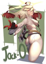 Rule 34 | 1girl, ahoge, ankh, ass, belt, black gloves, bodysuit, breasts, candy, character name, spiked halo, cropped legs, food, gloves, guilty gear, guilty gear xrd, halo, highres, huge ahoge, jack-o&#039; valentine, lollipop, looking back, loose belt, mask, unworn mask, medium breasts, multicolored hair, outstretched hand, pantylines, red hair, skin tight, solo, studded belt, suwaiya, thick thighs, thighs, two-tone hair, white bodysuit, white hair