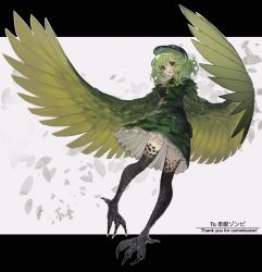 Rule 34 | 1girl, alternate species, bird legs, commentary request, commission, dress, falling leaves, feathers, flat cap, green dress, green eyes, green feathers, green hair, green hat, green skirt, green wings, harpy, hat, highres, key, leaf, letterboxed, medium hair, monster girl, open mouth, pouch, ruteko (ruko220), scales, skeb commission, skirt, solo, talons, thank you, touhou, white background, winged arms, wings, yamashiro takane