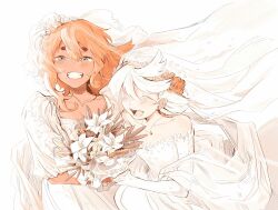Rule 34 | 2girls, blue eyes, bouquet, breasts, bridal gauntlets, bridal veil, cleavage, closed eyes, commentary request, dark-skinned female, dark skin, dress, female focus, flower, grin, gundam, gundam suisei no majo, hair flower, hair ornament, happy, highres, holding, holding bouquet, lily (flower), long hair, medium breasts, miorine rembran, multiple girls, neck, png owa, red hair, simple background, smile, suletta mercury, thick eyebrows, veil, wedding dress, white background, white flower, white hair, wife and wife, yuri