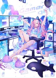 Rule 34 | 1girl, apex legends, balloon, black choker, black shorts, blue shirt, box, can, cardboard box, choker, collarbone, controller, crop top, drinking straw, highres, holding, holding controller, keyboard (computer), midriff, mizutama (mao11260510), monitor, multicolored hair, navel, octopus, one eye closed, original, paper, pink hair, pink ribbon, playstation controller, purple eyes, purple hair, ribbon, shirt, short shorts, shorts, sitting, slippers, solo, streaked hair, stuffed orca, trash can, twintails
