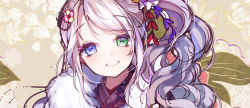 Rule 34 | 1girl, blue eyes, close-up, floral print, flower, green eyes, hair flower, hair ornament, hand on own chest, heterochromia, highres, japanese clothes, kanola u, kanzashi, kimono, looking at viewer, original, parted lips, purple kimono, red flower, side ponytail, smile, solo, upper body