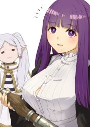 Rule 34 | 2girls, :3, absurdres, blunt bangs, blush, breasts, dress, elf, fern (sousou no frieren), frieren, highres, holding, holding staff, large breasts, long hair, long sleeves, looking at viewer, multiple girls, notice lines, parted lips, pointy ears, purple eyes, purple hair, short hair, sidelocks, simple background, sousou no frieren, staff, straight hair, tori no na, twintails, white background, white dress