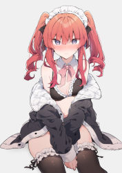 Rule 34 | 1girl, absurdres, bare shoulders, between legs, black bra, black dress, black thighhighs, blush, bow, bra, breasts, cleavage, closed mouth, collar, commentary request, detached collar, dress, feet out of frame, grey eyes, hair between eyes, hand between legs, highres, ikeuchi tanuma, long hair, long sleeves, looking at viewer, maid, maid headdress, medium breasts, off shoulder, open door, original, pink bow, red hair, ringlets, sidelocks, sitting, sketch, sleeves past wrists, solo, thighhighs, twintails, underwear, v-shaped eyebrows, white collar, wing collar