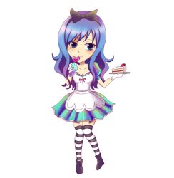 Rule 34 | 1girl, alice (alice in wonderland) (cosplay), alice in wonderland, apron, blue eyes, blue hair, boots, bottle, cake, cosplay, fairy tail, food, gloves, juvia lockser, matching hair/eyes, ribbon, simple background, solo, thighhighs