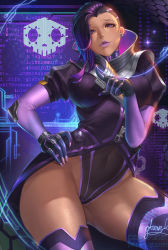 Rule 34 | 1girl, adapted costume, asymmetrical hair, black gloves, breasts, buckle, character name, contrapposto, covered navel, cowboy shot, dark-skinned female, dark skin, elbow pads, eyelashes, female focus, gloves, gtunver, hand on own hip, hexagon, high collar, leotard, lipstick, looking at viewer, makeup, medium breasts, mole, mole under eye, overwatch, overwatch 1, parted lips, pointing, puffy short sleeves, puffy sleeves, purple eyes, purple lips, short sleeves, signature, skull print, solo, sombra (overwatch), standing, thighhighs, thighs, toned, undercut, watermark, web address