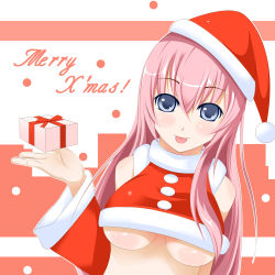 Rule 34 | 1girl, :p, aqua eyes, bad id, bad pixiv id, breasts, christmas, detached sleeves, female focus, gift, hat, highres, large breasts, long hair, megurine luka, pink hair, santa costume, santa hat, smile, solo, tongue, tongue out, underboob, vocaloid, yakitori (oni)