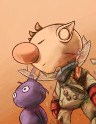 Rule 34 | 1boy, alien, big nose, black eyes, blood, broken helmet, brown hair, buttons, closed eyes, closed mouth, colored skin, commentary request, frown, glass shards, gloves, injury, male focus, naru (wish field), nintendo, no mouth, olimar, orange background, pikmin (creature), pikmin (series), pointy ears, purple hair, purple pikmin, purple skin, red gloves, short hair, spacesuit, torn clothes, very short hair