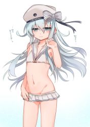 Rule 34 | 1girl, bikini, bikini skirt, blue eyes, clothes writing, cosplay, cowboy shot, embarrassed, groin, hat, hibiki (kancolle), kantai collection, long hair, low twintails, megane poni, microskirt, pleated skirt, sailor bikini, sailor collar, sailor hat, silver hair, simple background, skirt, solo, standing, swimsuit, translation request, twintails, white background, white bikini, z1 leberecht maass (kancolle) (cosplay), z1 leberecht maass (kancolle)
