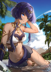 Rule 34 | 1girl, absurdres, arm support, arm up, armlet, bare arms, bare shoulders, black hairband, blue eyes, blue sky, breasts, brooch, candace (genshin impact), circlet, cleavage, cloud, commentary request, contrail, crop top, dark-skinned female, dark skin, day, egyptian clothes, eye of horus, genshin impact, hair over shoulder, hairband, halterneck, hand in own hair, heterochromia, highres, jewelry, kkopoli, leaning to the side, looking at viewer, medium breasts, navel, neck ring, outdoors, palm tree, parted lips, purple hair, purple skirt, shallow water, short hair with long locks, sidelocks, signature, sitting, sitting on water, skirt, sky, solo, stomach, thighlet, thighs, tree, twintails, water, wet, yellow eyes, yokozuwari