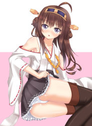 Rule 34 | 10s, 1girl, ahoge, bad id, bad pixiv id, bare shoulders, behe (sky 13), blue eyes, blush, boots, breasts, brown hair, cleavage, detached sleeves, double bun, hairband, headgear, highres, japanese clothes, kantai collection, kongou (kancolle), legs together, long hair, lying, nontraditional miko, panties, pantyshot, personification, small breasts, solo, thigh boots, thighhighs, underwear, upskirt, white panties, wide sleeves