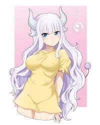 Rule 34 | 1girl, aged up, arms behind back, artist name, blue eyes, blunt bangs, blush, border, breasts, covered erect nipples, cowboy shot, cropped legs, dragon girl, dress, facing viewer, gradient background, highres, holding own arm, horns, kanna kamui, kobayashi-san chi no maidragon, legs together, light purple hair, long hair, medium breasts, nightgown, orcaleon, pink background, purple hair, short dress, simple background, solo, standing, taut clothes, taut dress, transparent border, very long hair, white border