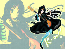 Rule 34 | 00s, 1girl, akiyama mio, aqua pantyhose, bass guitar, black hair, blue eyes, blue pantyhose, blunt bangs, don&#039;t say &quot;lazy&quot;, don (102558), dress, facepaint, fingerless gloves, gloves, hat, hime cut, instrument, k-on!, long hair, mini hat, mini top hat, pantyhose, solo, striped, top hat, zoom layer