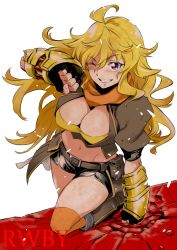 Rule 34 | 1girl, ahoge, belt, black gloves, black shorts, blonde hair, blush, breasts, brown jacket, buckle, cleavage, clenched hands, fingerless gloves, gloves, jacket, kurose kousuke, large breasts, long hair, looking at viewer, midriff, navel, one eye closed, orange scarf, orange thighhighs, parted lips, puffy short sleeves, puffy sleeves, purple eyes, rwby, scarf, shirt, short sleeves, shorts, simple background, smile, solo, strapless, teeth, thighhighs, tube top, vambraces, waist cape, wavy hair, white background, yang xiao long, yellow shirt