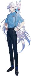 Rule 34 | 1boy, ahoge, biting hair, blue shirt, collared shirt, employee uniform, fate/grand order, fate (series), fou (fate), full body, hair between eyes, highres, loafers, logo, long hair, looking at viewer, male focus, merlin (fate), official alternate costume, official art, ponytail, promotional art, purple eyes, ribbon, shirt, shoes, smile, solo, suspenders, tachi-e, taiki (luster), transparent background, uniform, very long hair, white hair
