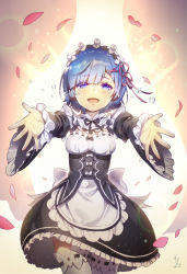 Rule 34 | 10s, 1girl, :d, apron, backlighting, beckoning, black bow, black ribbon, blue eyes, blue hair, bow, cowboy shot, crying, crying with eyes open, curtains, detached sleeves, eyelashes, eyes visible through hair, flying teardrops, frilled sleeves, frills, hair ornament, hair over one eye, hair ribbon, hairband, kakiman, lens flare, looking at viewer, maid, matching hair/eyes, md5 mismatch, open mouth, outstretched arms, palms, petals, pink ribbon, re:zero kara hajimeru isekai seikatsu, reaching, reaching towards viewer, rem (re:zero), resolution mismatch, ribbon, ribbon-trimmed clothes, ribbon trim, short hair, smile, solo, source smaller, spread fingers, tears, underbust, waist apron, white apron, white bow, white legwear, wide sleeves, x hair ornament