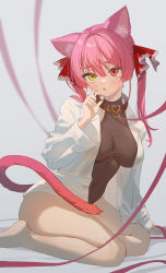 Rule 34 | 1girl, absurdres, animal ear fluff, animal ears, bare legs, barefoot, blush, breasts, brown collar, brown leotard, cat ears, cat girl, cat tail, collar, hair between eyes, hair ribbon, heterochromia, highres, hololive, houshou marine, large breasts, leotard, long hair, long sleeves, open clothes, open shirt, parted lips, playing with own hair, red eyes, red hair, red ribbon, ribbon, ruiuncle, shirt, sitting, solo, tail, virtual youtuber, white shirt, yellow eyes