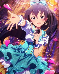 Rule 34 | 10s, 1girl, :d, antenna hair, black hair, blue eyes, earrings, ganaha hibiki, heart, idolmaster, idolmaster (classic), idolmaster million live!, jewelry, long hair, looking at viewer, microphone, necklace, official art, open mouth, ponytail, skirt, smile, solo, sparkle, wireless, wristband