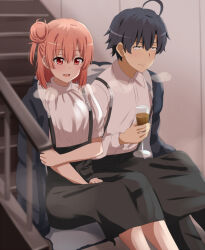 Rule 34 | 1boy, 1girl, :d, ahoge, black hair, black pants, black skirt, blush, brown hair, closed mouth, commentary request, cup, dars (recolors), drink, hair bun, highres, hikigaya hachiman, holding, holding cup, holding drink, holding own arm, long sleeves, open mouth, pants, pink hair, revision, shirt, short hair, short sleeves, single side bun, sitting, skirt, smile, stairs, suspender skirt, suspenders, white shirt, yahari ore no seishun lovecome wa machigatteiru., yuigahama yui