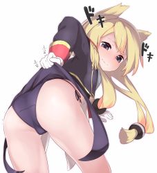 Rule 34 | 1girl, absurdres, animal ears, ass, azur lane, bad id, bad twitter id, bent over, blonde hair, blue panties, blush, closed mouth, clothes lift, epaulettes, from behind, gloves, hair bobbles, hair ornament, half-closed eyes, highres, legs apart, lifted by self, long hair, long sleeves, looking at viewer, looking back, military, military uniform, panties, purple eyes, relila, short hair with long locks, side-tie panties, sidelocks, simple background, skirt, skirt lift, solo, tareme, thighs, trembling, underwear, uniform, warspite (azur lane), wavy mouth, white background, white gloves