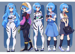 Rule 34 | 5girls, ass, ayanami rei, bag, black bodysuit, black footwear, blue hair, bodysuit, boots, bread slice, breasts, cup, evangelion: 3.0+1.0 thrice upon a time, food, food in mouth, full body, hair ornament, hat, holding, holding cup, holding plant, iganashi1, interface headset, long hair, looking at viewer, medium breasts, mouth hold, multiple girls, multiple views, neon genesis evangelion, plant, plugsuit, rebuild of evangelion, red eyes, school bag, school uniform, short hair, simple background, smile, standing, toast, toast in mouth, tokyo-3 middle school uniform, white bodysuit