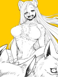 Rule 34 | 1girl, animal ear fluff, animal ears, blush, body fur, breasts, completely nude, dungeon meshi, fangs, floating hair, from below, greyscale with colored background, hair over one eye, highres, large breasts, long hair, looking at viewer, looking down, marcille donato, moku (2017.07), monster girl, multiple heads, nude, open mouth, own hands together, simple background, sketch, solo, spoilers, succubus (dungeon meshi), upper body, very long hair, wolf, yellow background