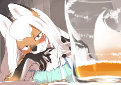 Rule 34 | 1girl, alcohol, animal ears, animal hands, animal nose, beer, body fur, closed mouth, commentary request, cup, dog ears, dog tail, drinking glass, furry, furry female, highres, kikurage (crayon arts), long hair, looking at viewer, original, red eyes, smile, snout, solo, tail, thick eyebrows, white fur, white hair