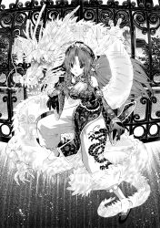 Rule 34 | 1girl, alternate costume, alternate hairstyle, aura, beret, braid, breasts, china dress, chinese clothes, cleavage cutout, clothing cutout, detached sleeves, dragon, dress, eastern dragon, fighting stance, gate, gloves, greyscale, hat, hong meiling, kabaji, long hair, looking at viewer, monochrome, pants, ponytail, scarlet devil mansion, side braid, side slit, solo, star (symbol), touhou, twin braids