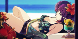 Rule 34 | 1girl, bare shoulders, bendy straw, bikini, black shorts, blurry, blurry background, blurry foreground, breasts, commentary request, cup, day, depth of field, diagonal bangs, drinking glass, drinking straw, flower, green bikini, green jacket, hair flower, hair ornament, hibiscus, horizon, idolmaster, idolmaster shiny colors, jacket, knees up, looking away, lying, medium breasts, minyom, ocean, off shoulder, on back, open clothes, open jacket, outdoors, purple eyes, purple hair, red flower, short shorts, shorts, solo focus, swimsuit, tanaka mamimi, tropical drink, water