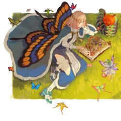 Rule 34 | 1boy, aqua eyes, aqua footwear, blanca (fate), blonde hair, blue butterfly, blue cape, blue coat, book, border, bug, butterfly, butterfly wings, cape, caterpillar, coat, crown, fairy, fate/grand order, fate (series), full body, fur-trimmed cape, fur trim, green butterfly, hair between eyes, hand on own cheek, hand on own face, head rest, high heels, highres, insect, insect wings, long sleeves, male focus, medium hair, moth, oberon (fate), on grass, open book, orange butterfly, outside border, pop-up book, reading, reclining, robe, senkan (708thousands), shoes, sleeveless, sleeveless coat, smile, socks, solo, tassel, white border, white robe, white socks, wings, yellow butterfly