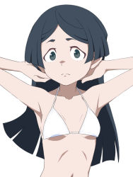 Rule 34 | 1girl, armpits, arms up, barbara parker, bare shoulders, bikini, black eyes, black hair, blunt ends, breasts, closed mouth, collarbone, halterneck, hands in hair, light frown, little witch academia, long hair, looking at viewer, navel, parted bangs, satochi, short eyebrows, sidelocks, simple background, small breasts, solo, swimsuit, tareme, underboob, upper body, white background, white bikini