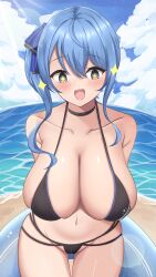 Rule 34 | 1girl, absurdres, alternate breast size, arms behind back, bare shoulders, bikini, black bikini, black choker, blue hair, blue sky, breasts, cameltoe, choker, cloud, cloudy sky, collarbone, commentary, cowboy shot, day, groin, hanging breasts, hashira 14, highres, hololive, hoshimachi suisei, huge breasts, innertube, leaning forward, linea alba, long hair, looking at viewer, multi-strapped bikini, navel, ocean, open mouth, outdoors, side ponytail, skindentation, sky, smile, solo, sparkling eyes, swim ring, swimsuit, teeth, thigh gap, thighs, upper teeth only, virtual youtuber, water
