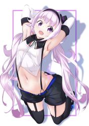 Rule 34 | .live, 1girl, armpits, arms up, breasts, carro pino, commentary, detached sleeves, full body, hair ornament, headband, highres, kneeling, long hair, looking at viewer, low twintails, midriff, navel, open mouth, purple eyes, purple hair, sakikawari, small breasts, solo, thighhighs, twintails, virtual youtuber