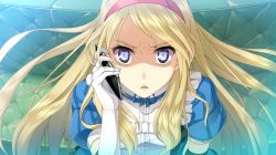 Rule 34 | &gt;:o, 1girl, :o, blonde hair, blue dress, blue eyes, breasts, cellphone, couch, dress, elbow gloves, eleanor schlick schweitzer, floating hair, frilled dress, frills, from above, game cg, gloves, hairband, holding, long hair, looking at viewer, parted bangs, phone, pinstripe pattern, puffy short sleeves, puffy sleeves, purple eyes, ribbon, shaded face, short sleeves, small breasts, smartphone, solo, striped, surprised, swept bangs, talking on phone, upper body, uwatsuki isshiki, v-shaped eyebrows, very long hair, white gloves, wide-eyed, world end economica