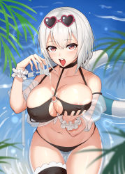Rule 34 | 1girl, absurdres, areola slip, azur lane, bare shoulders, beach, bikini, black bikini, blush, breasts, chinese commentary, choker, cleavage, collarbone, commentary request, covered erect nipples, day, eyewear on head, gluteal fold, hair between eyes, heart, heart-shaped eyewear, highres, hongye feixue, innertube, large breasts, looking at viewer, milk carton, navel, o-ring, o-ring top, off shoulder, open mouth, outdoors, pouring, pouring onto self, red eyes, scrunchie, see-through, shiny skin, short hair, sirius (azur lane), sirius (scorching-hot seirios) (azur lane), sky, solo, sunglasses, swim ring, swimsuit, thigh gap, thigh strap, tongue, tongue out, water, white hair, white scrunchie, wrist scrunchie