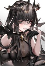 Rule 34 | 1girl, absurdres, arknights, bare shoulders, black dress, black eyes, black gloves, black hair, blunt bangs, bright pupils, commentary, dress, gloves, gradient background, grey background, grin, highres, long hair, looking at viewer, ringeko-chan, sleeveless, sleeveless dress, smile, solo, upper body, very long hair, virtuosa (arknights), white background