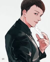 Rule 34 | 1boy, black eyes, black jacket, black necktie, black shirt, brown hair, card, closed mouth, collared shirt, commentary request, formal, from side, hand up, highres, holding, holding card, jacket, kagoya1219, long sleeves, looking at viewer, looking to the side, male focus, mephilas seijin, necktie, shin ultraman, shirt, short hair, signature, simple background, smile, solo, spoilers, standing, upper body, white background