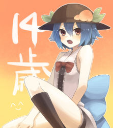 Rule 34 | 1girl, alternate hair length, alternate hairstyle, bad id, bad pixiv id, bare arms, bare shoulders, blue hair, blush, bow, fang, female focus, food, frills, fruit, hat, hinanawi tenshi, konbu ame, leaf, open mouth, peach, red eyes, short hair, sleeveless, solo, touhou, translation request